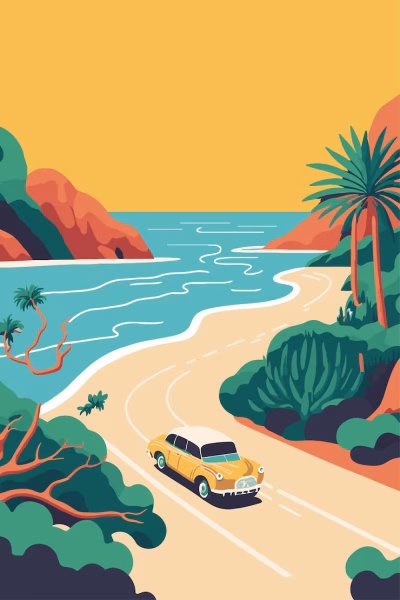 classic-yellow-car-beach-road-vector-flat-color-illustrator-poster_194708-1940